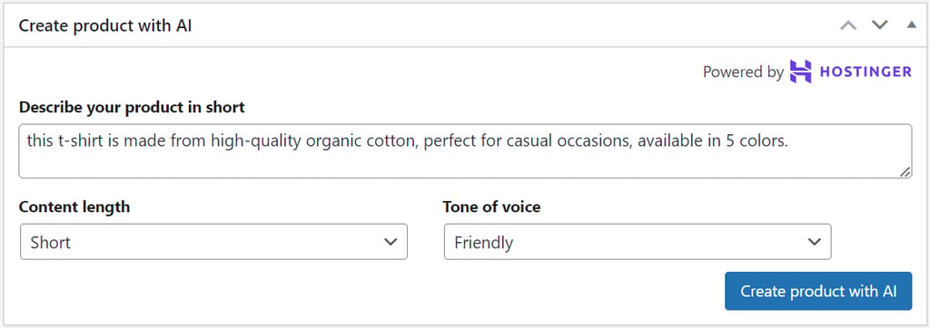 The Hostinger AI Content Creator tool in the WooCommerce product page editor interface.