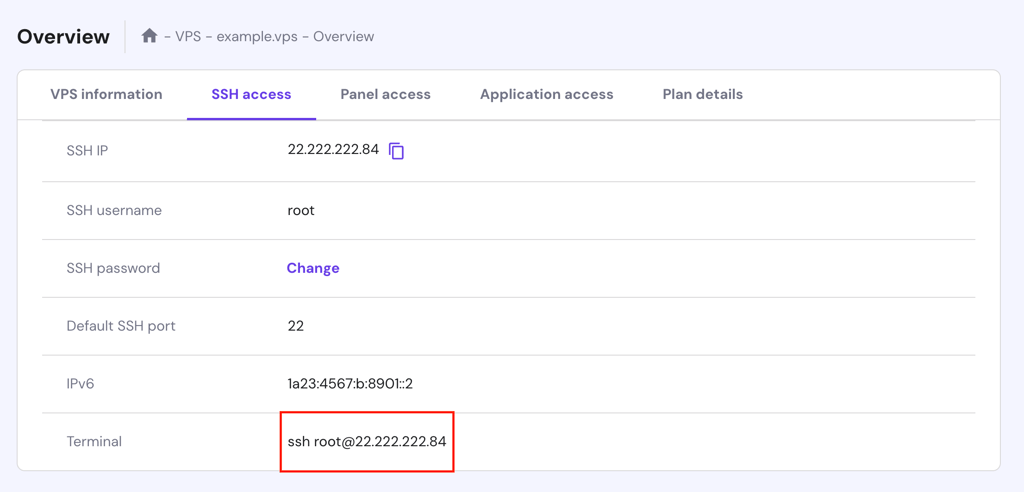 The SSH login credentials in Hostinger's VPS dashboard