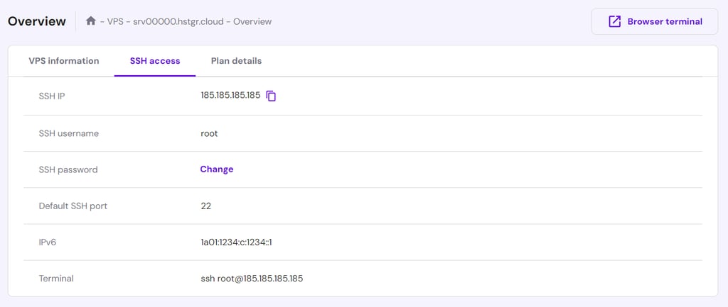 VPS overview in Hostinger's hPanel, showing SSH access details