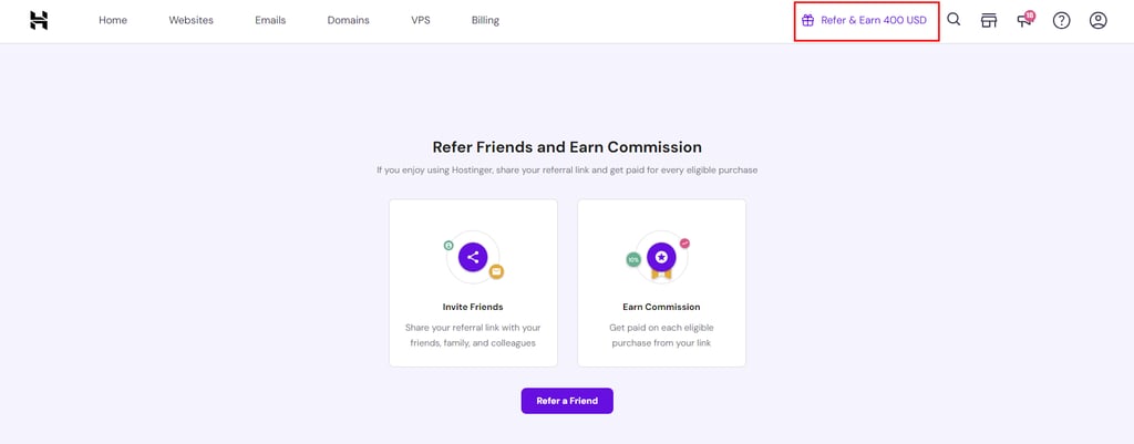Referral program section in hPanel, highlighting the button to access it