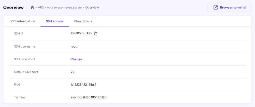 The SSH access tab on hPanel