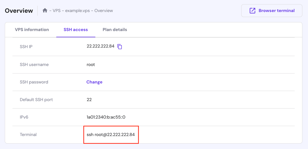 The SSH credentials in hPanel's VPS