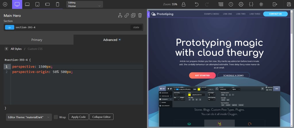 The custom CSS editor interface in the Oxygen page builder