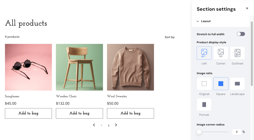 Hostinger Website Builder section settings edit product layout option