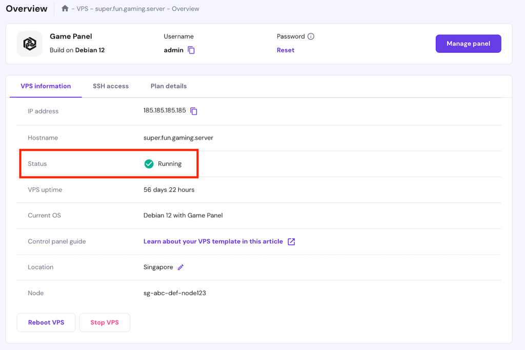 The server status in the VPS information tab of hPanel's VPS overview menu
