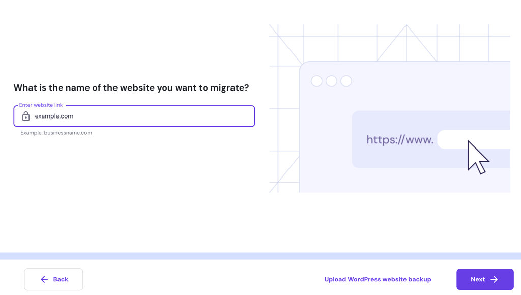 Entering the web address of the site you want to migrate in hPanel