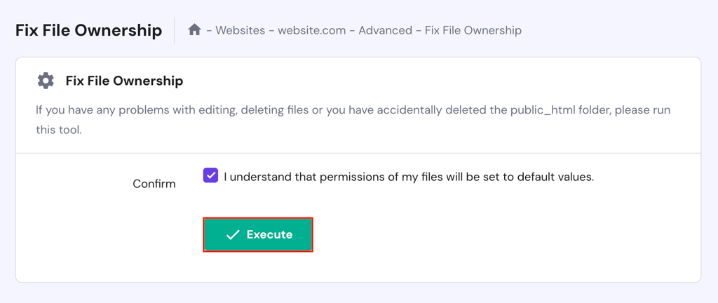 The Execute button in hPanel