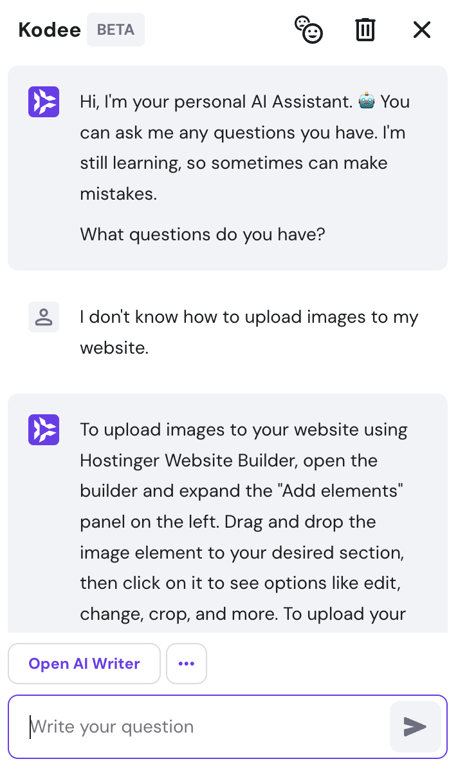 The Kodee AI Assistant pop-up window on Hostinger Website Builder