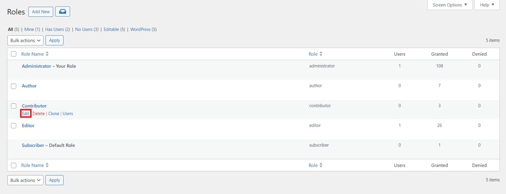 The Edit button is highlighted on the Members plugin's Roles page