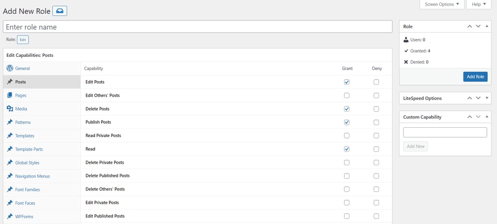 The Add New Role interface of the Members plugin
