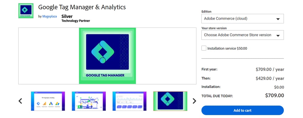 A screenshot of Mageplaza's Google tag manager and analytics product page