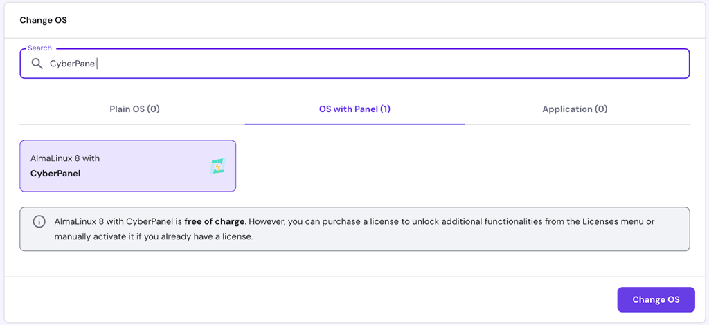 Hostinger's CyberPanel VPS template on hPanel