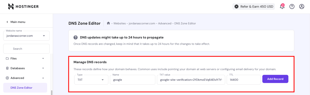 Hostinger DNS Zone Editor, highlighting the section to add a new record