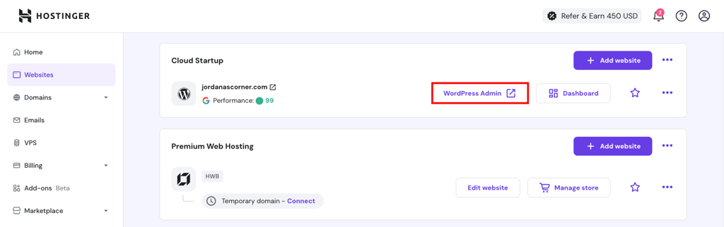 Hostinger hPanel dashboard, highlighting the button to access WordPress admin dashboard