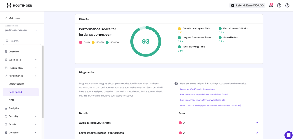 Page speed testing feature in Hostinger hPanel