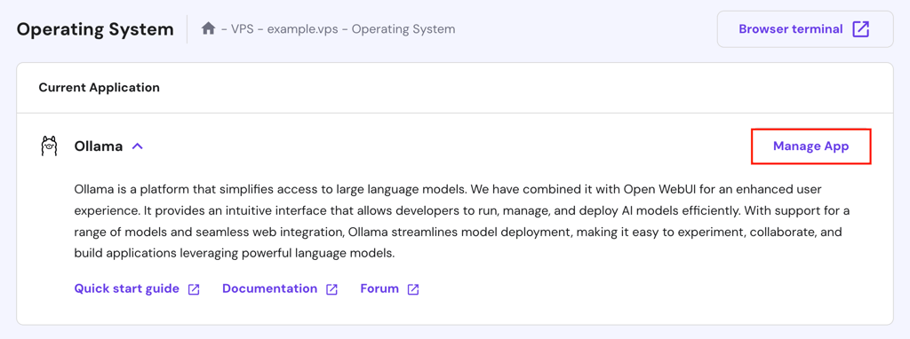 The Manage App button in hPanel's VPS after installing the Ollama template