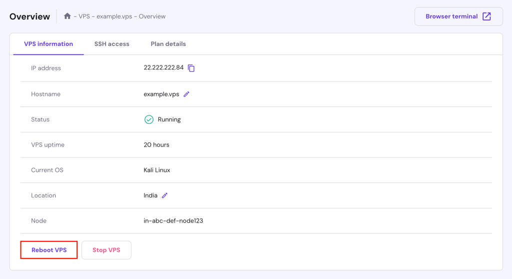 The Reboot VPS button in hPanel's VPS