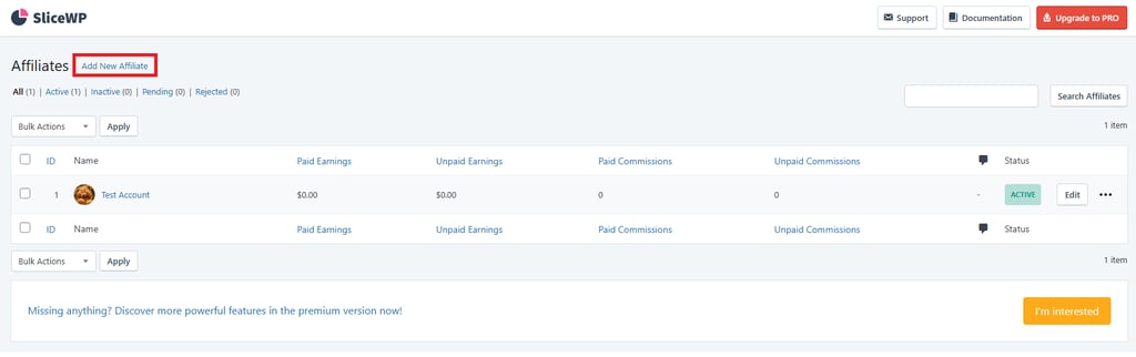 The Add New Affiliates button on SliceWP's Affiliate menu