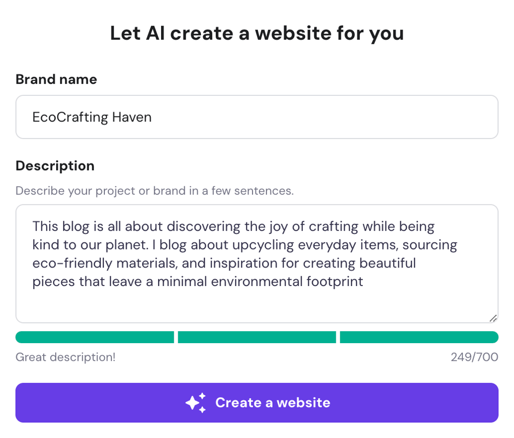 AI Website Builder panel