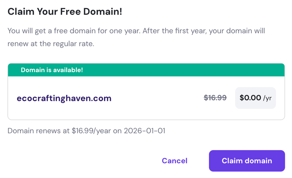 Panel for claiming free domain