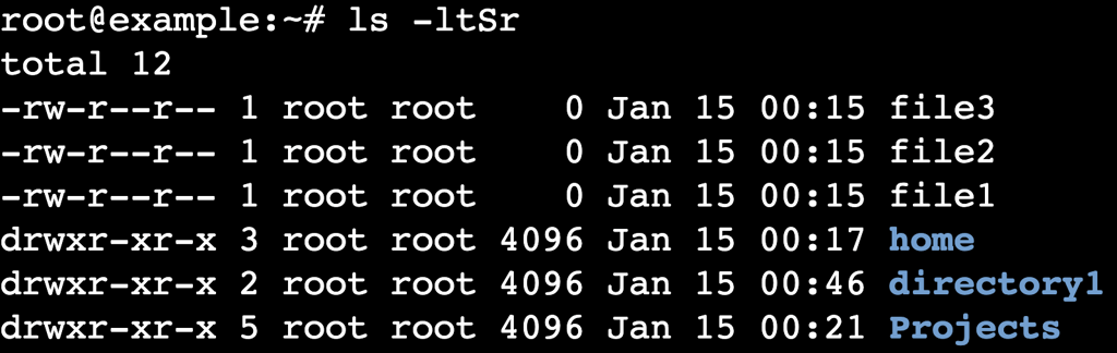 The ls -ltSr command's output in the terminal