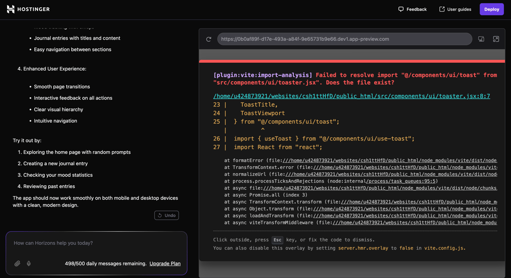 An example of an error in Hostinger Horizons