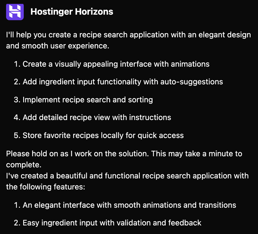 Working panel within Hostinger Horizons