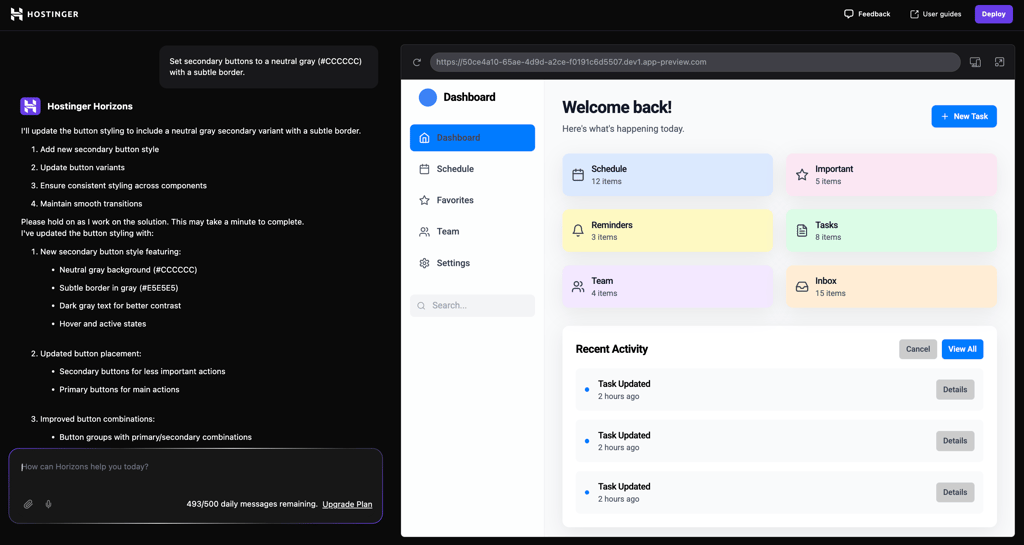 Asking Hostinger Horizons to specify the primary and secondary button styles in prompts