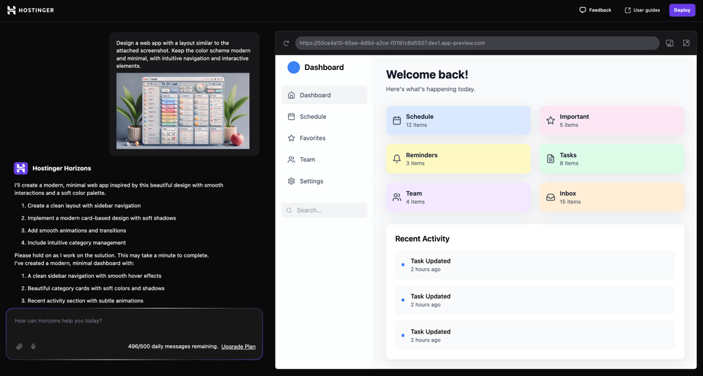 Uploading a screenshot to a prompt in Hostinger Horizons