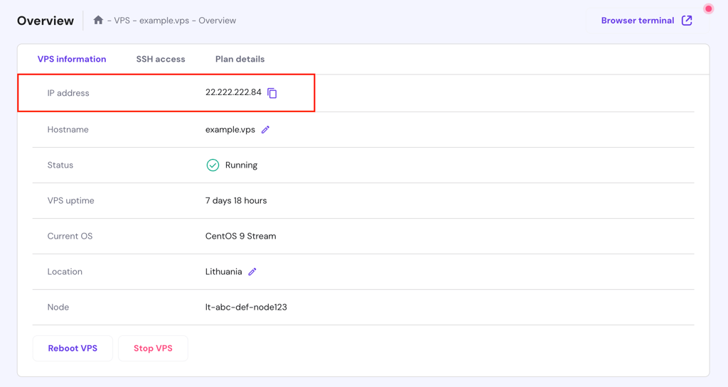 The IP address information in hPanel's VPS