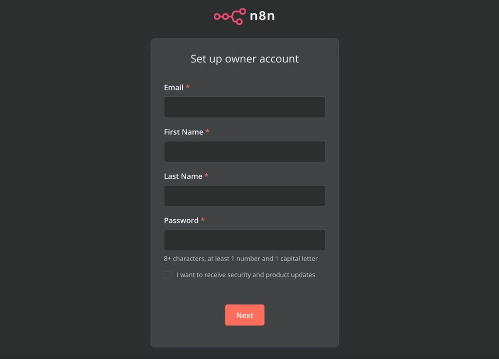 n8n set up owner account window