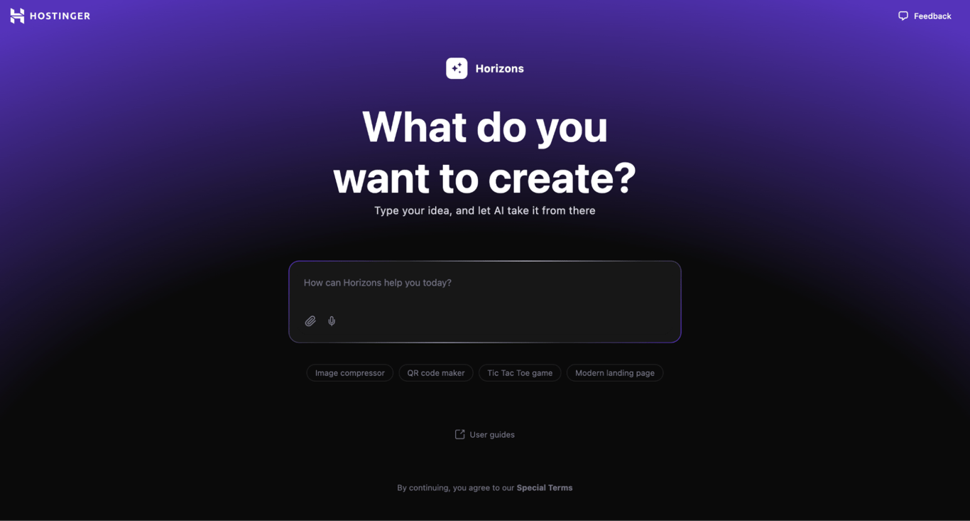 Hostinger Horizons start screen