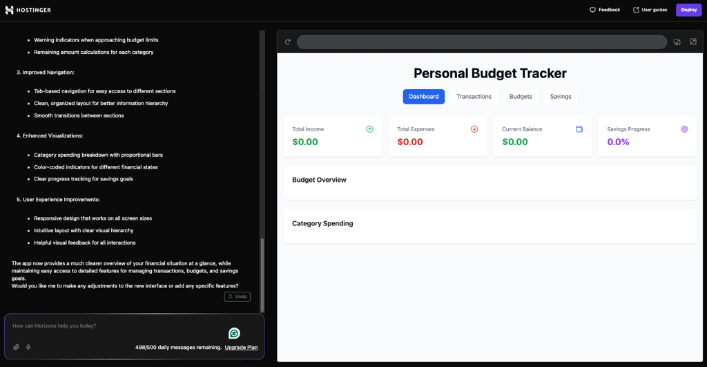 the first improved look of the budget-tracking web app with four different tabs