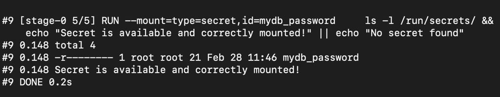Image showing Docker build secrets being securely passed to the build container without exposure in the final image