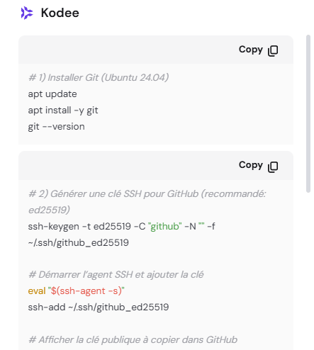 L'assistant IA de Kodee VPS &eacute;crit des commandes pour installer et configurer Git sur Ubuntu