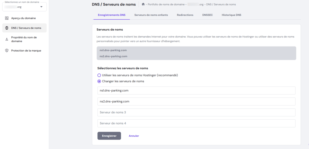 Modification des serveurs de noms dans la page d'aper&ccedil;u du nom de domaine hPanel