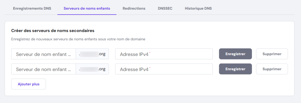 Le panneau du serveur de noms enfant dans l'éditeur de zone DNS de hPanel