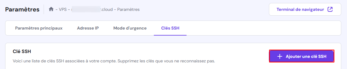 La page Clés SSH sur hPanel. Le bouton permettant d'ajouter une clé SSH est mis en évidence.