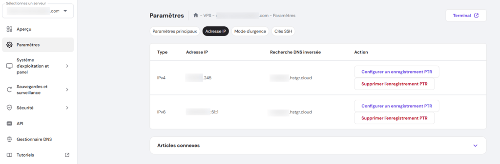 Menu de configuration des adresses IP dans les param&egrave;tres VPS de hPanel