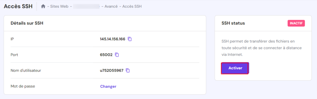 La page Acc&egrave;s SSH sur hPanel montrant o&ugrave; cliquer sur Activer pour autoriser la connexion SSH &agrave; distance
