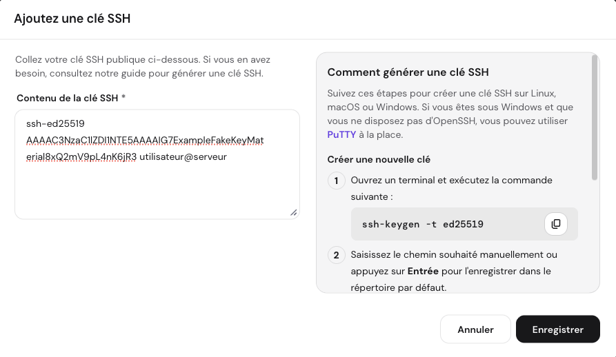 Fenêtre contextuelle permettant d'ajouter une clé SSH dans l'espace VPS sur hPanel