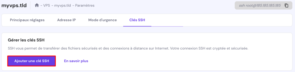 Le menu des cl&eacute;s SSH dans les param&egrave;tres du Serveur Virtuel de hPanel montre o&ugrave; cliquer sur Ajouter une cl&eacute; SSH.