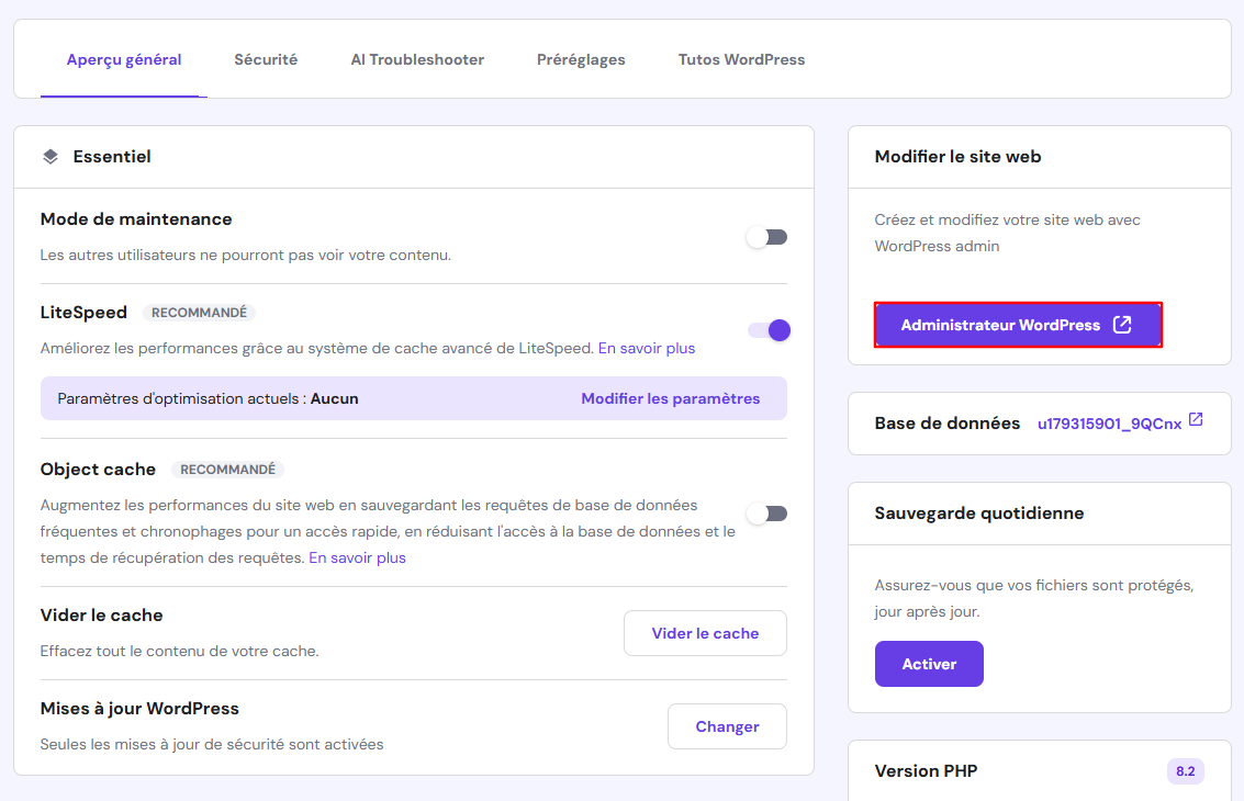 L'interface du tableau de bord hPanel, mettant en évidence le bouton administrateur de WordPress