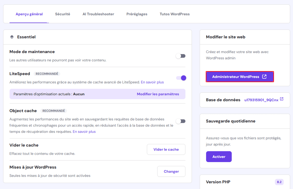 Modifier-le-site-web-sur-le-tableau-de-bord-WordPress-hpanel L'interface du tableau de bord hPanel, mettant en évidence le bouton administrateur de WordPress