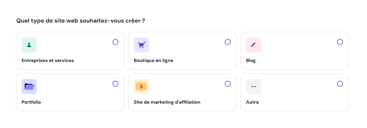 Choisir un type de site web pour la nouvelle installation de WordPress