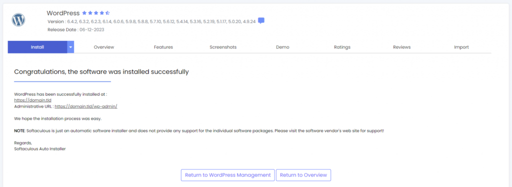 Message de confirmation que WordPress a été installé avec succès dans cPanel