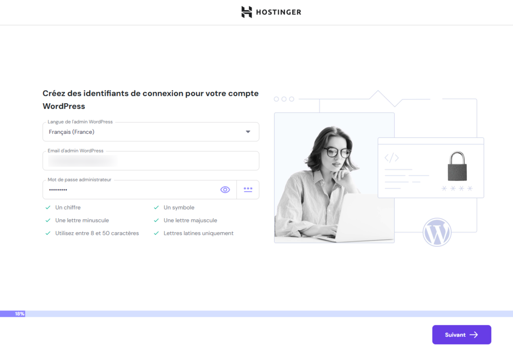 Un formulaire pour définir les détails de connexion pour le nouveau compte WordPress
