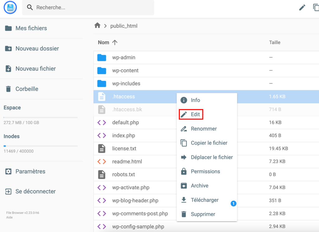 lecture sur hpanel Le fichier .htaccess sur le gestionnaire de fichiers Hostinger. Le bouton Edit est en surbrillance