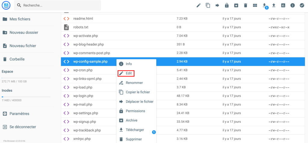 Editer-le-fichier-wp-config-php Dans le gestionnaire de fichiers Hostinger, le bouton d'édition du fichier wp-config.php est mis en évidence.