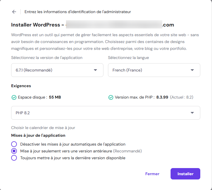 Configuration de la version et de la langue de l'application WordPress avant l'installation